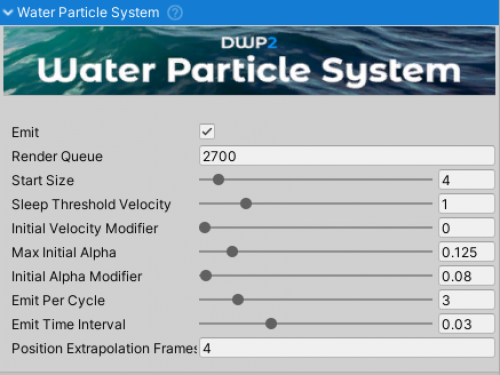 WaterParticleSystem inspector. 